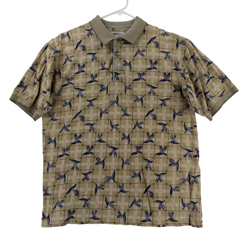 Bamboo Cay‎ Polo Shirt Mens Large Beige Tropical Floral Cotton Knit Hawaiian